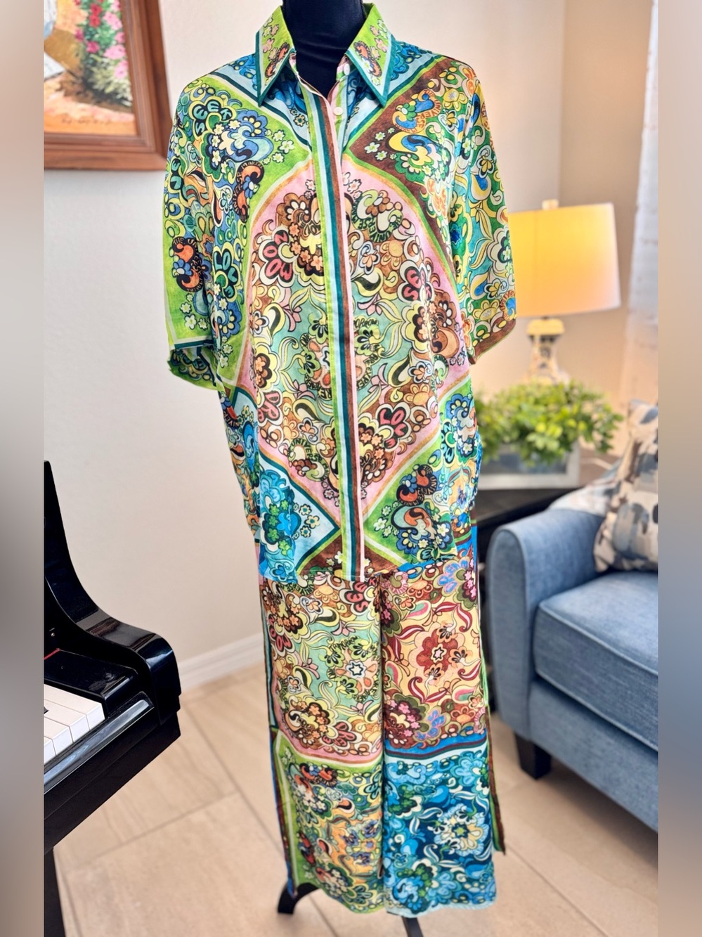 Multicolor Short-Sleeve Top and Pant Set
